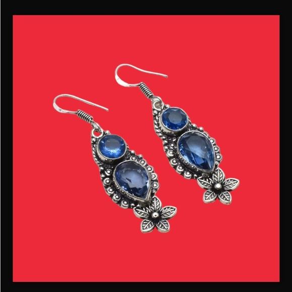 Blue Topaz Handcrafted Long Drop Dangle Earrings 2.08" Made In India New W Tags - Picture 10 of 12